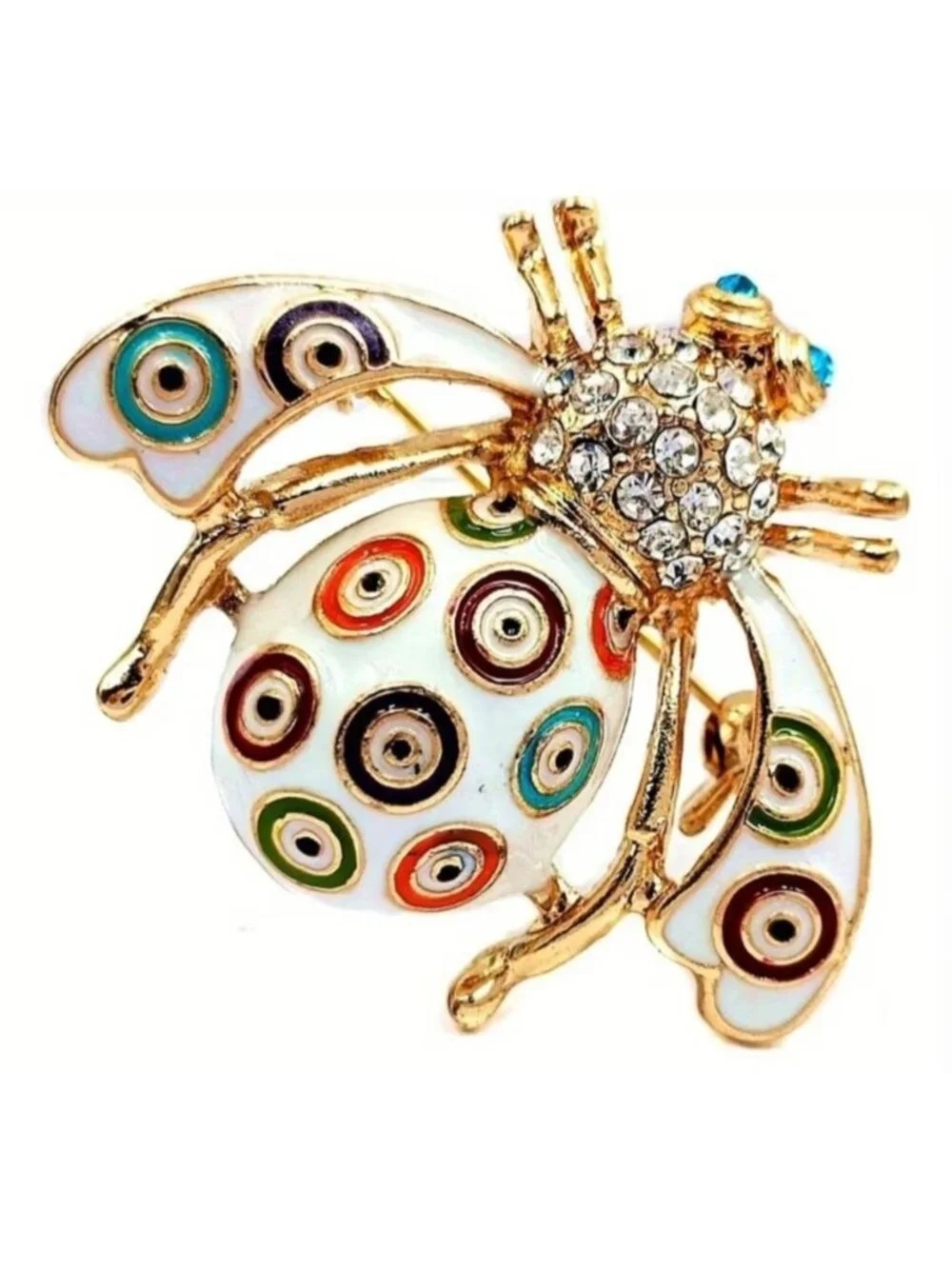 Rhinestone & Enamel Ladybug Brooch  Gold-Toned With Multicolor Circle Design